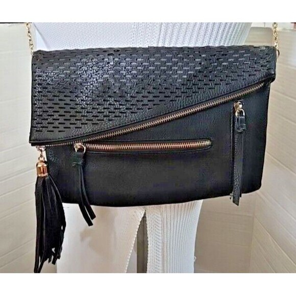 Urban Expressions Bag Black Crossbody Vegan Leather Fold-Flap Shoulder Purse - Picture 1 of 12